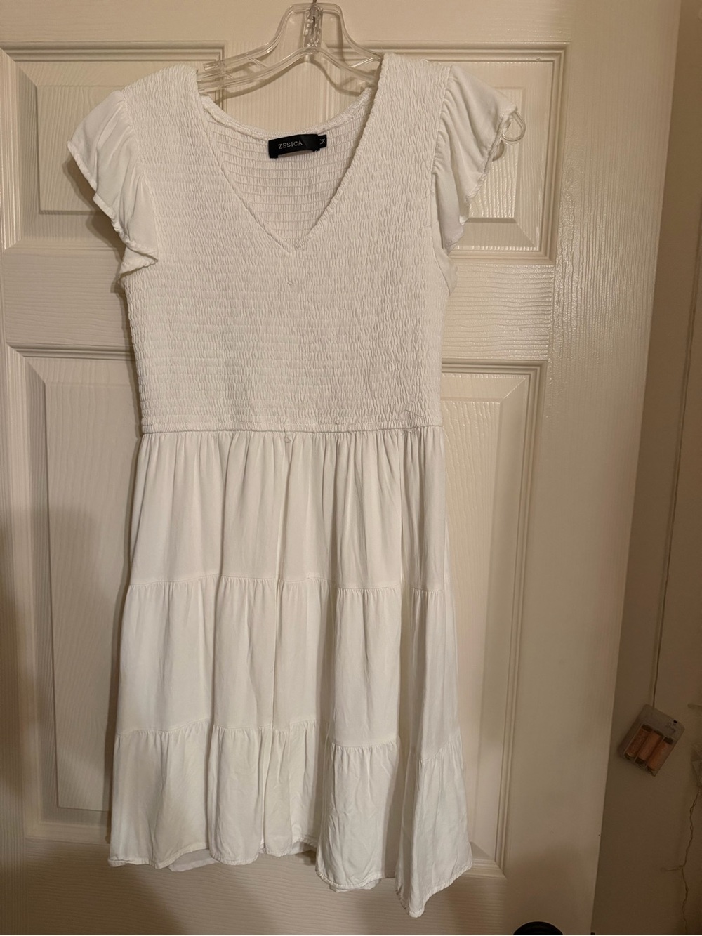 White V-Neck Smocked Tiered Mini Dress